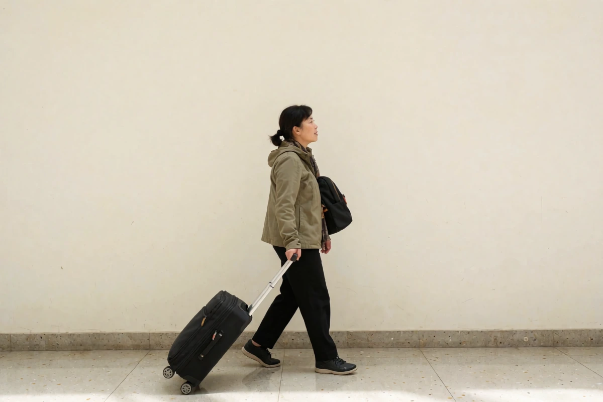 A traveller walking with a rolling suitcase through a bright indoor corridor