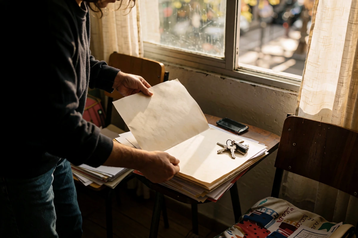 A person holding a plain closed folder beside a sunlit apartment window