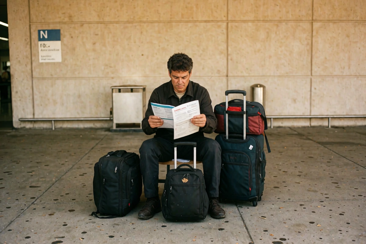 A Canadian traveller reading immigration information near an arrivals hall in Argentina