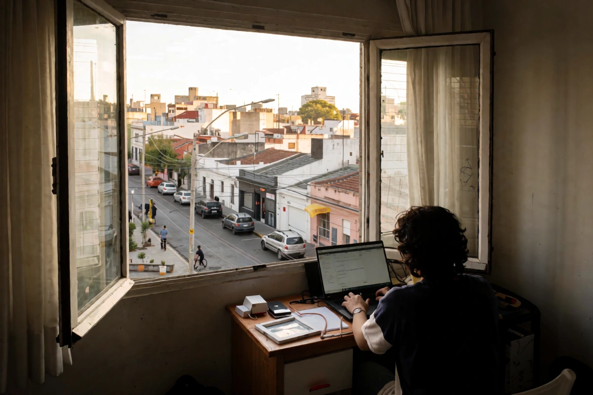 A remote worker using a laptop beside an open window in a Buenos Aires apartment