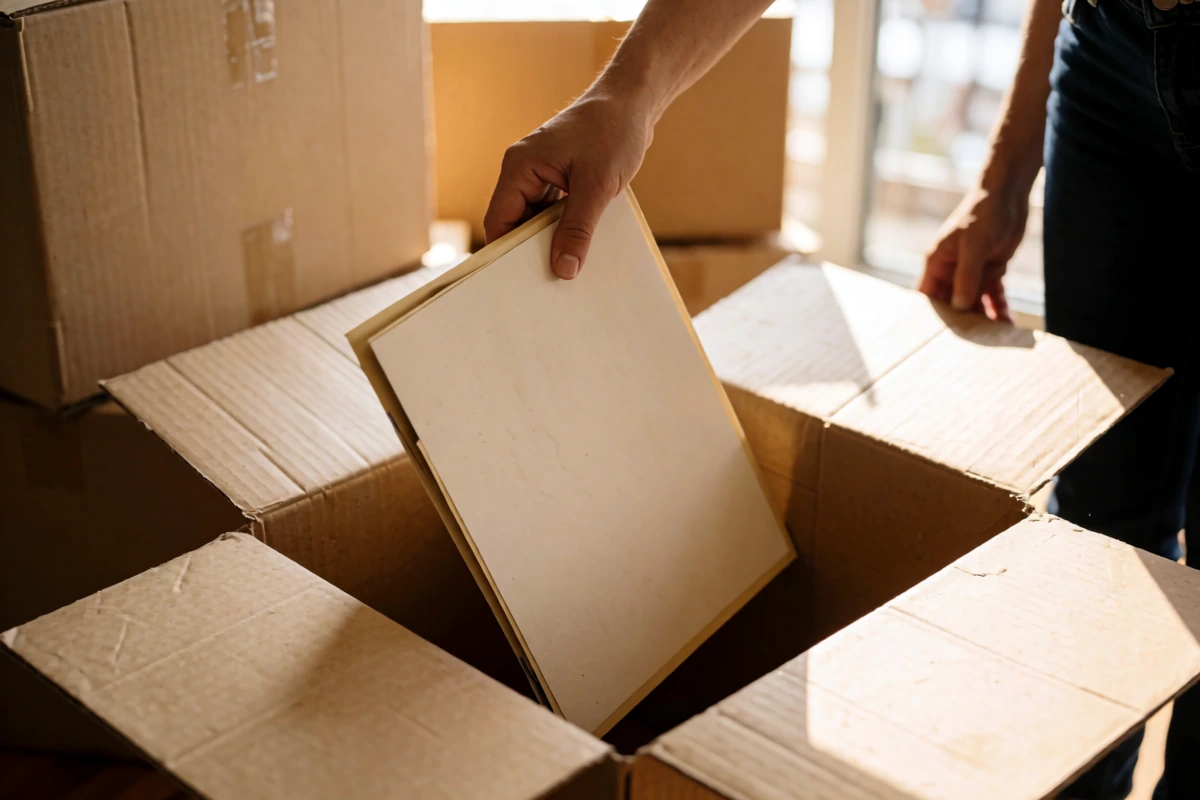 A person placing a plain closed folder into an open moving box