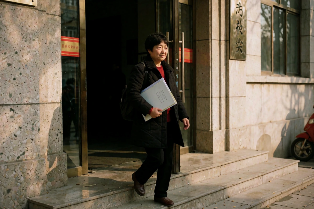An adult leaving a civic building while carrying a plain closed folder