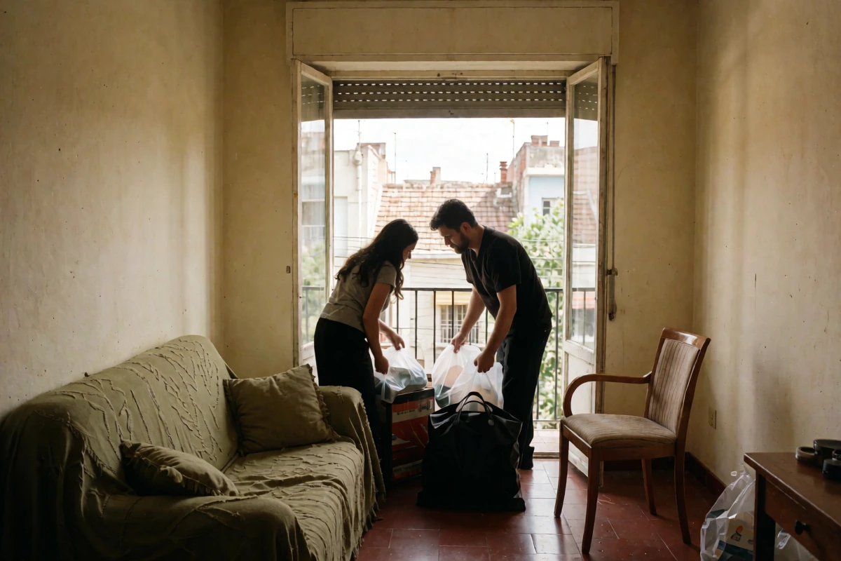 A couple carrying moving boxes into a bright apartment on a Buenos Aires street