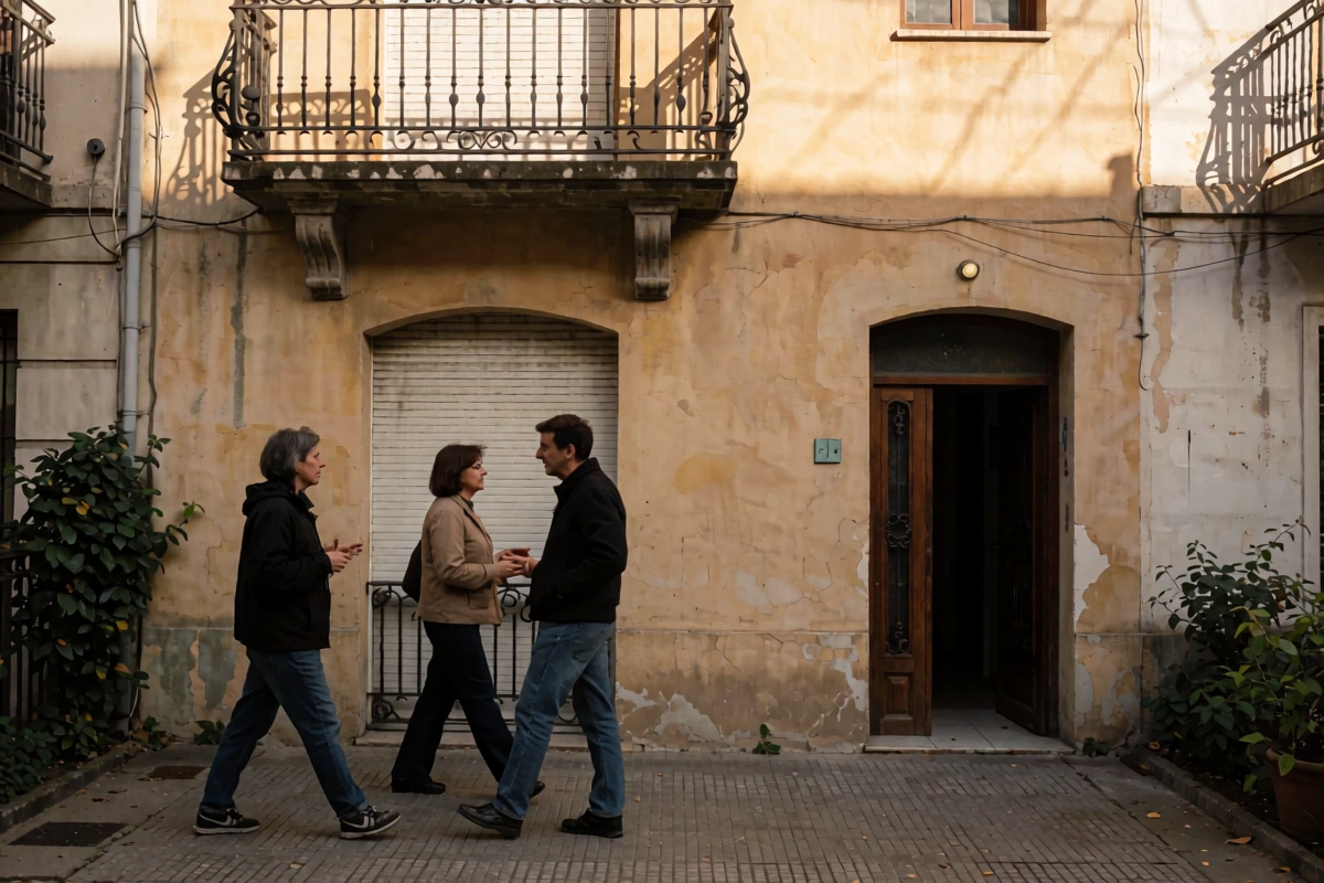 Two adults talking while walking along a cobblestone residential street