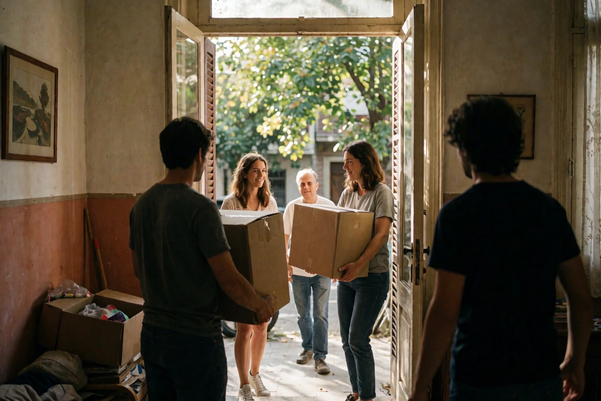 People carrying moving boxes into an apartment on a leafy Buenos Aires street