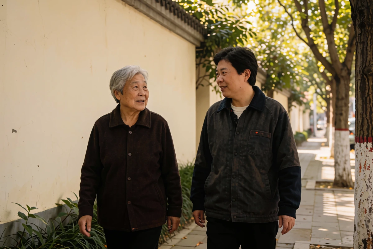 Two older adults talking while walking along a tree-lined street